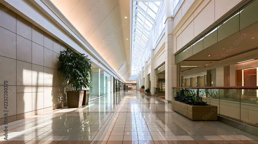 Fototapeta premium A long bright empty indoor corridor with polished floors glass railings and large skylights casting natural light
