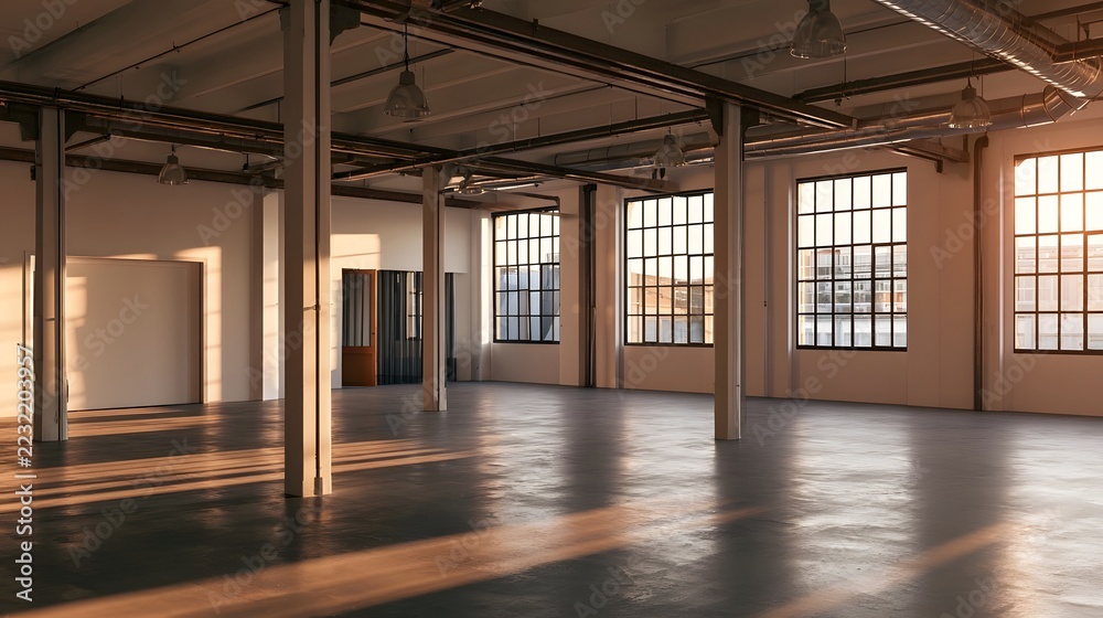 Fototapeta premium An empty industrial space with large exposed beams and polished concrete floor bathed in warm sunlight