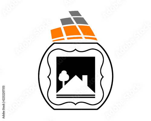 Abstract house icon with geometric roof and tree inside a decorative frame