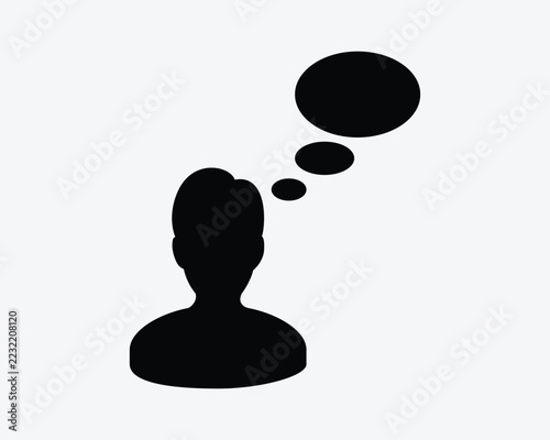 Person thinking vector icon in black silhouette style with thought bubble representing idea brainstorming mind and imagination
