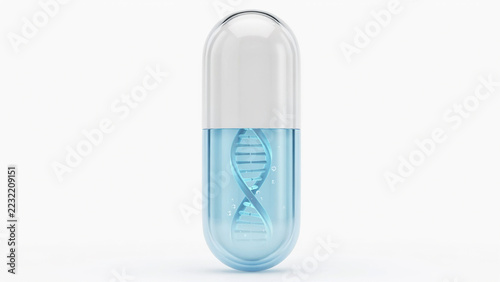 Blue liquid filled capsule with D N A helix and bubbles