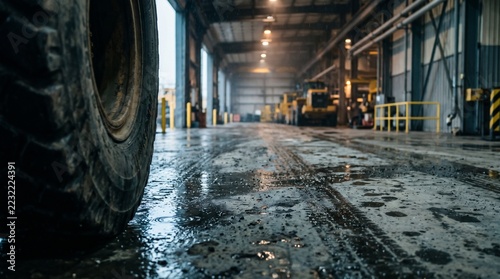 A low-angle shot of a wet concrete floor in an industrial warehouse showing reflections of lights and heavy construction vehicles under bright workshop lighting.