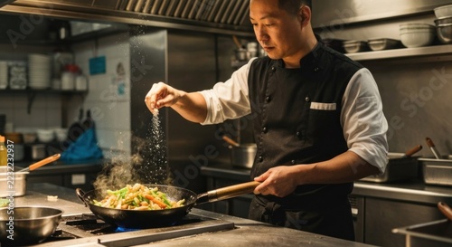 An Asian chef seasons food in a wok, steam rising in the restaurant kitchen