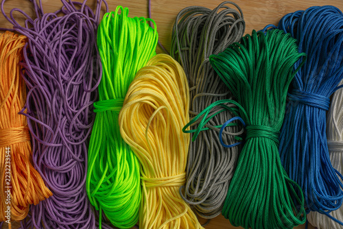 paracord, coils of multicolored rope, close-up