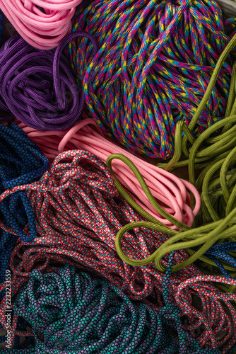 paracord, coils of multicolored rope, close-up