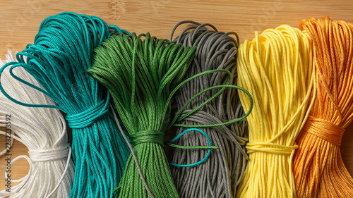 paracord, coils of multicolored rope, close-up