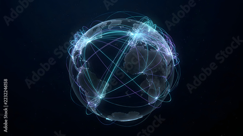 Global Digital Communication Network Connecting the World with Glowing Data Lines