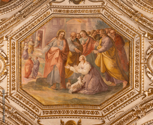 Obraz na plátně Salerno - The ceiling fresco of Jesus healing woman on the Sabbath in the crypt of Cathedral of St