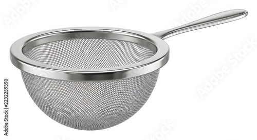 Stainless steel fine mesh kitchen sieve isolated on white background.Close up of fine wire mesh tea strainer and flour sifter utensil.
