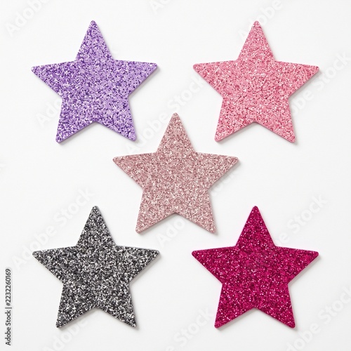Five Colorful Glitter Stars in Purple Pink Rose Gold Silver.