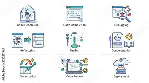 AI development icons showing code generation completion debugging