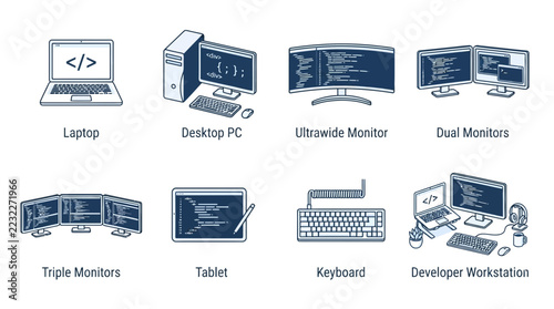 Programming icons show laptop desktop tablet monitors keyboard
