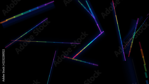 Abstract neon light lines with rainbow spectrum segments on dark black background
