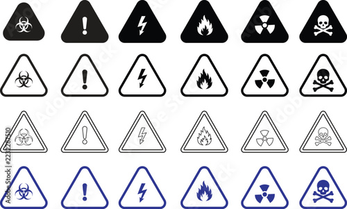 Warning Triangle Icons Set. Hazard caution alert and industrial danger symbols for safety notices and emergency risk prevention