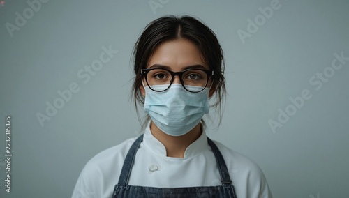 A woman wearing glasses and a face mask, a simple and practical everyday outfit
