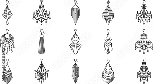 Obraz na plátně Set of dangle earrings vector icons including chandelier tassel fringe boho geom