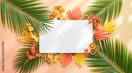 Blank paper frame with tropical palm leaves and dried orange slices on a soft peach background