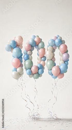 Elegant pastel pastel balloon century number 100 on minimal background for milestone birthday party