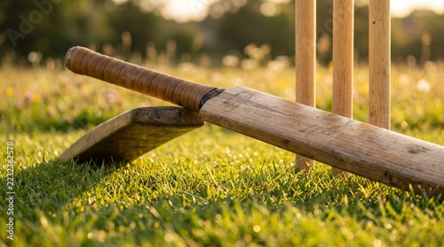 Close-Up of a Worn Cricket Bat beside Wooden Stumps on Grass in Golden Sunlight