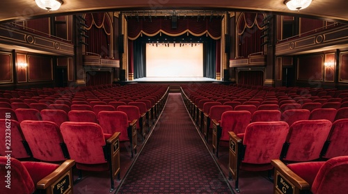 Empty Theater Auditorium with Red Velvet Seats and Illuminated Stage Viewed from the Central Aisle
