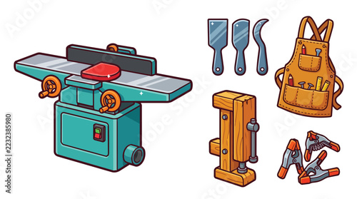 Hand Tools and Woodworking Equipment Vector Illustration Set
