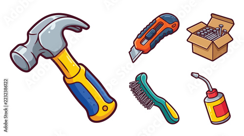Hand Tools Set Including Hammer Screwdriver Nails Glue Bottle