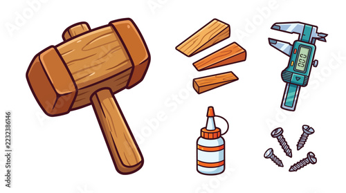 Hand Tools Set Including Hammer Screwdriver Wooden Blocks Screws