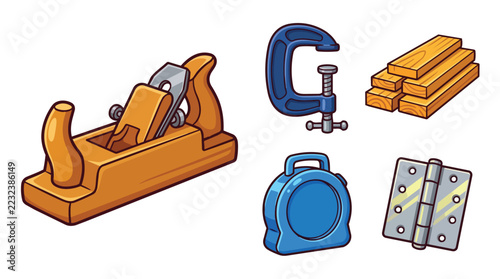 Hand Tools Set Including Plane Chisel Clamp Wooden Planks Hinge