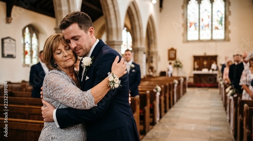 Groom embracing his mother during a church wedding ceremony