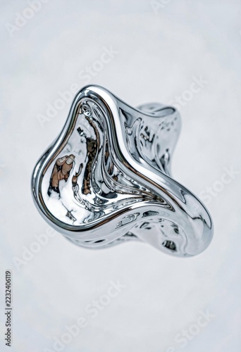 Abstract futuristic liquid chrome sculpture with reflective metallic surface against clean white background