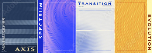 Modern graphic design posters with abstract distortion patterns and bold typography. Four distinct layouts featuring wave textures in navy blue purple blue and yellow. Creative artwork for print