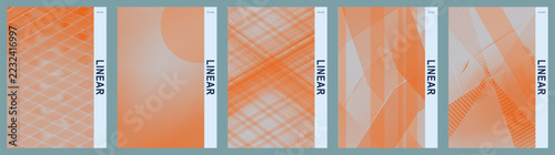 Geometric pattern and abstract line art design collection. Five panels featuring vibrant orange hatch textures and diagonal stripes. Modern graphic element for creative digital projects