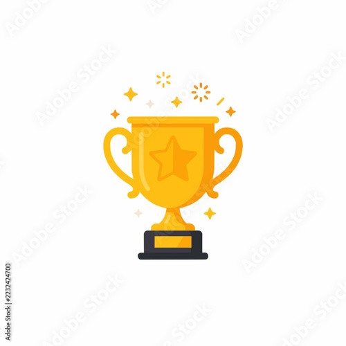 golden trophy cup vector icon with star and two handles on a base, success winner and champion award concept, achievement symbol, shiny flat design in gold on white background