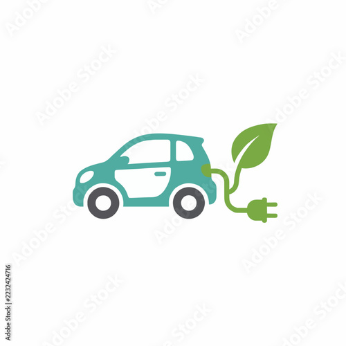 electric car charging vector icon with plug cable and green leaf, eco friendly mobility and clean energy concept, modern flat design in green and blue on white background