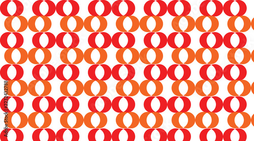 Red and orange overlapping circles repeating pattern on white background, geometric chain link rings design, vector illustration