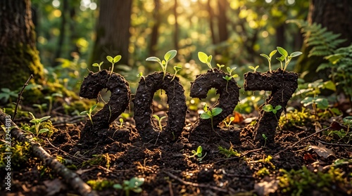Small green sprouts grow from soil shaped into the year twenty twenty seven