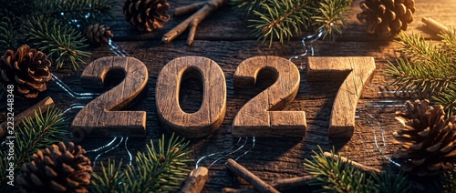 Wooden numbers for the year 2027 decorated with pine branches and cones