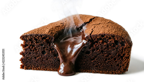Macro a slice of hot chocolate cake, thick fudge sauce oozing from the center with a gentle wispy trail of steam, isolated on a white background.