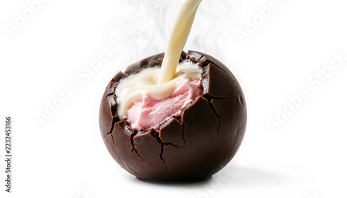 Macro of hot milk poured over a chocolate bomb sphere, melting the shell with soft steam releasing marshmallow cream, isolated on a white background.