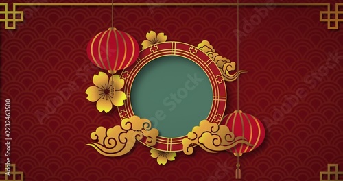 Displaying central medallion on red wave festival backdrop, showing lanterns and gold flowers