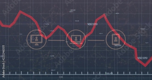 Displaying red jagged trend line across dark blue dashboard, showing three node markers with icons