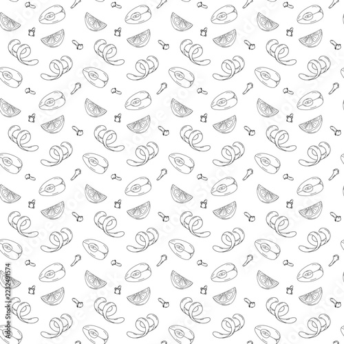 Seamless pattern of Apple, lemon slices and spice Hand drawn line art Winter wrapping paper design. Vector illustration Print, textile, fabric or wrapping paper, menus and gift cards background, label