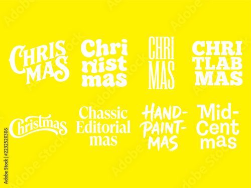Creative holiday wordmarks bundle with Christmas wavy retro typography, classic editorial serif text, and flourish cursive script on yellow backdrop   