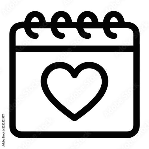 Minimalist black line art icon of a calendar with a heart symbol, perfect for wedding save the date reminders, anniversary tracking, romantic event scheduling, and Valentine's day planning.