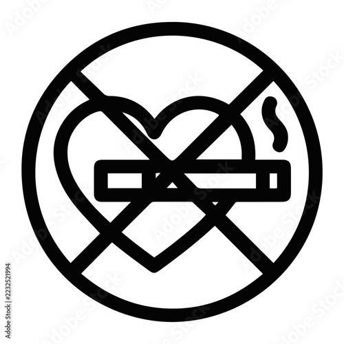 Minimalist Line Art Icon Depicting a No Smoking Symbol with a Heart Shape, Illustrating the Impact of Tobacco on Cardiovascular Health and Encouraging Disease Prevention for Medical Campaigns.