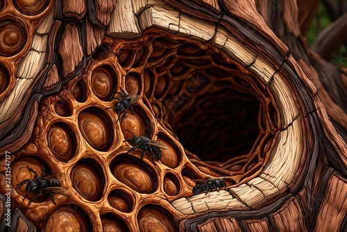 An intricate close-up of a natural beehive embedded within a tree trunk, showcasing hexagonal cells and several bees. The texture of the wood and the detailed honeycomb structure are highlighted