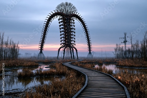 A giant, eerie sculpture resembling a mechanical insect stands in a desolate wetland under a hazy sky. A wooden boardwalk winds through the marshy terrain towards the imposing structure