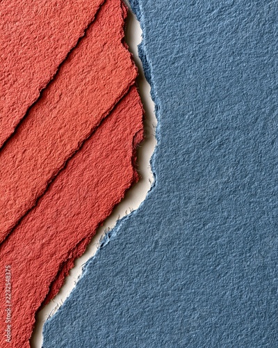 A close-up of textured paper, with a torn edge revealing layers of red and blue. The contrast in color and texture creates a striking visual effect