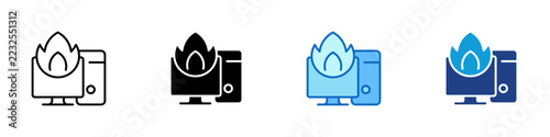 Computer System Overheating Multiple Style Icon Design Vector - Desktop computer with flame representing firewall security, and cyber threat protection