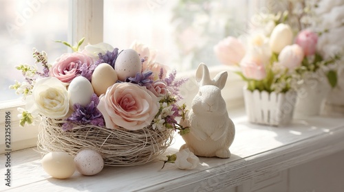 figurine. Easter decoration arrangement featuring pastel eggs in nest with spring flowers and decorative bunny on clean white surface. event programs.